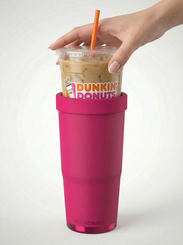 DUNKIN' cup shown inside the tumbler